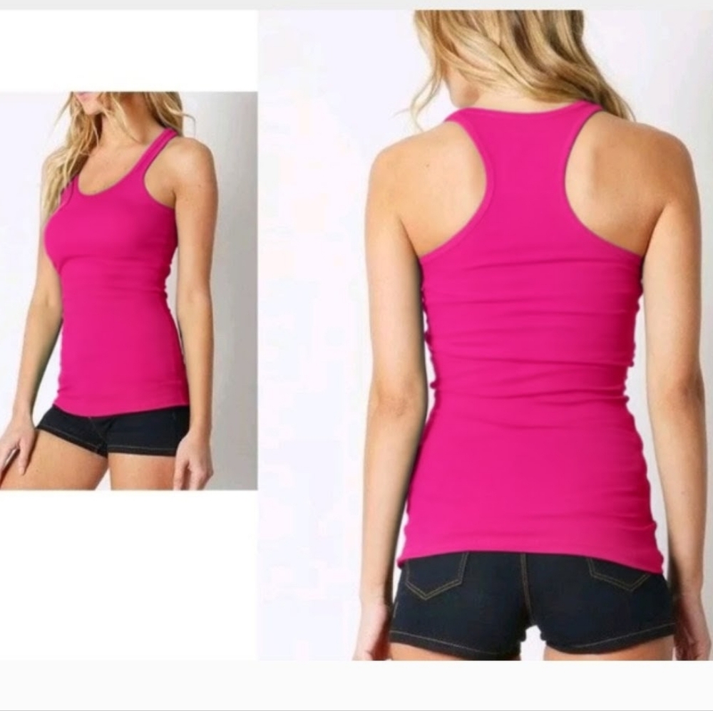 Fuchsia pink racerback solid lowcut tank top Long Stretchy Shirt